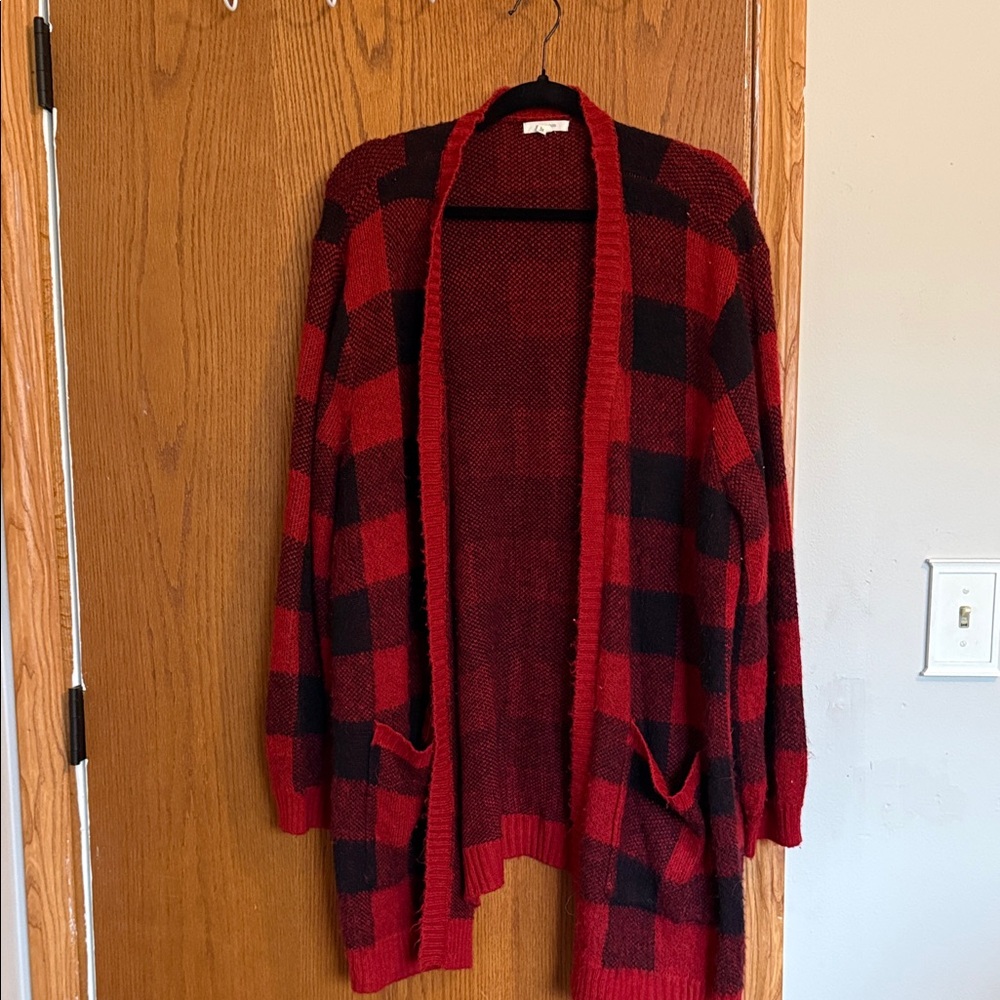 Maurices Red and Black Checkered Cardigan